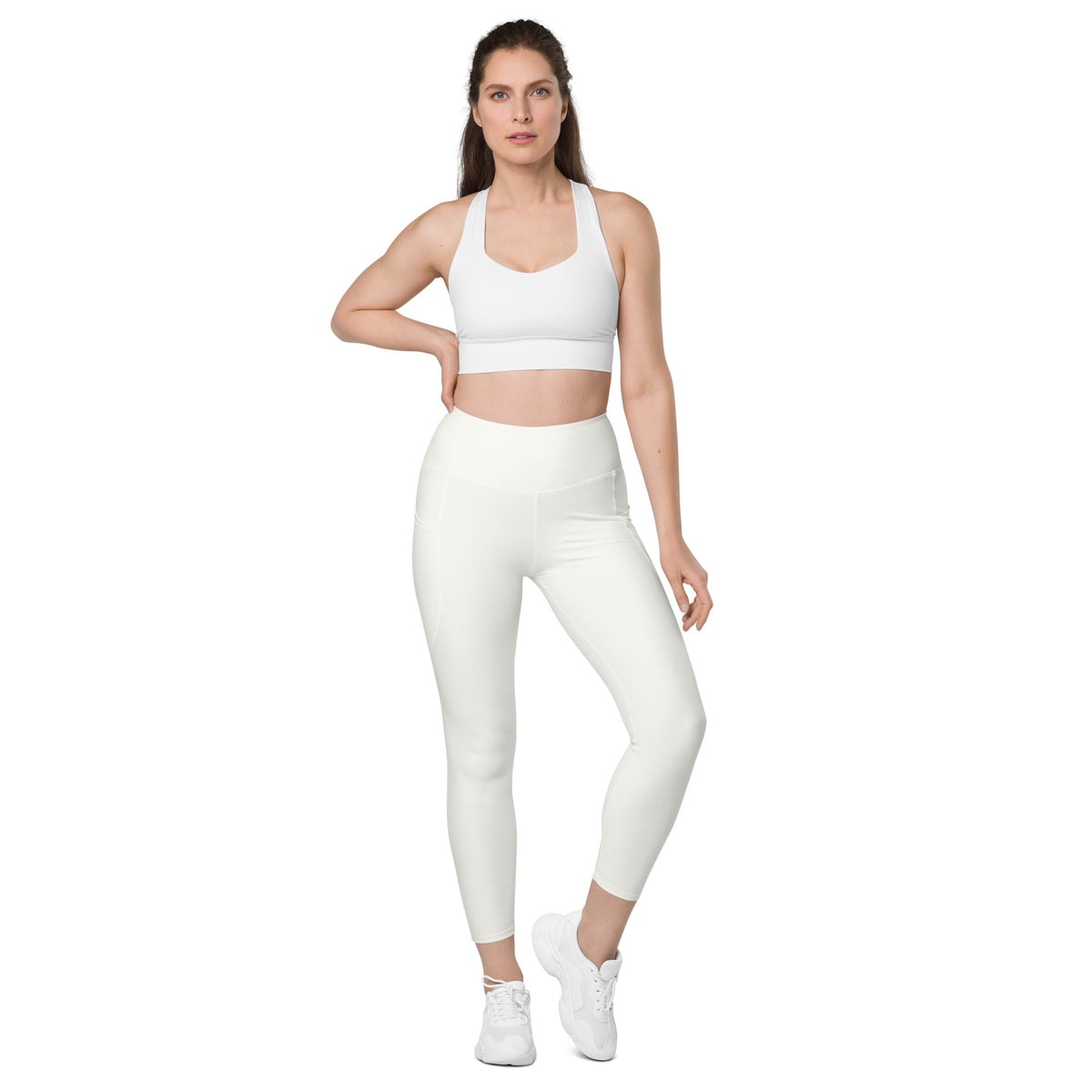Women’s Light Ivory Yoga Leggings With Pockets – High-Waisted, Soft Compression Active Pants