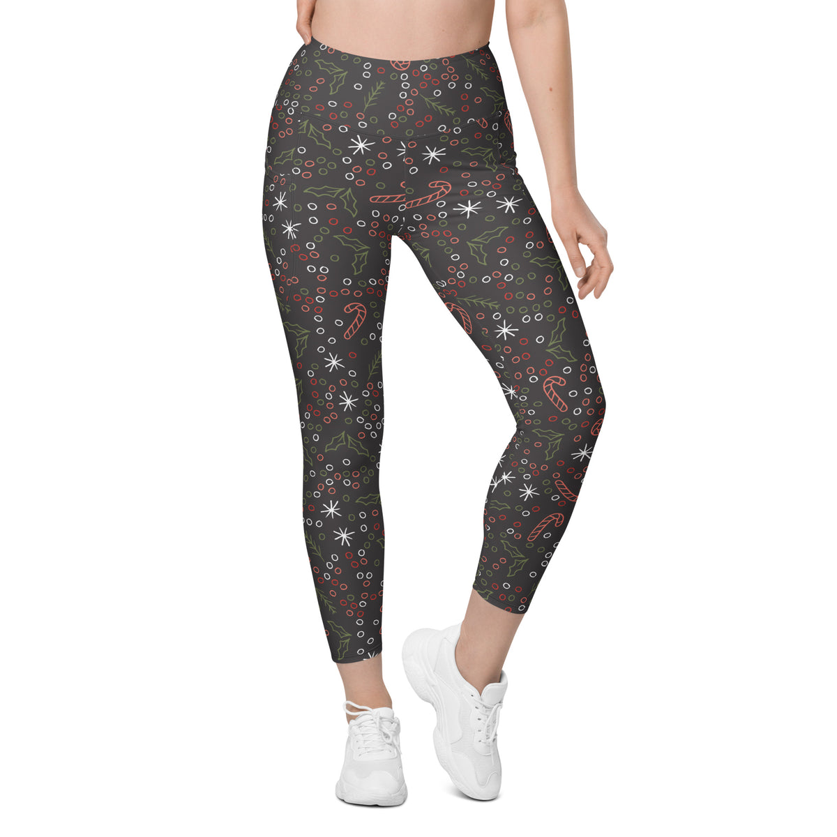 Women’s Christmas Holly & Candy Cane Yoga Leggings With Pockets – High-Waisted, Soft Compression Active Pants