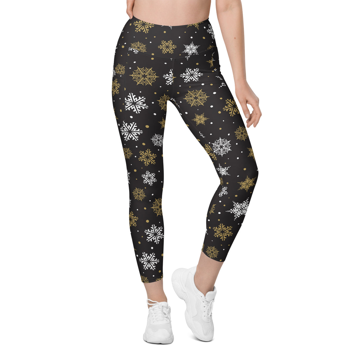 Women’s Dark Brown & Gold Snowflake Yoga Leggings With Pockets – High-Waisted, Soft Compression Active Pants