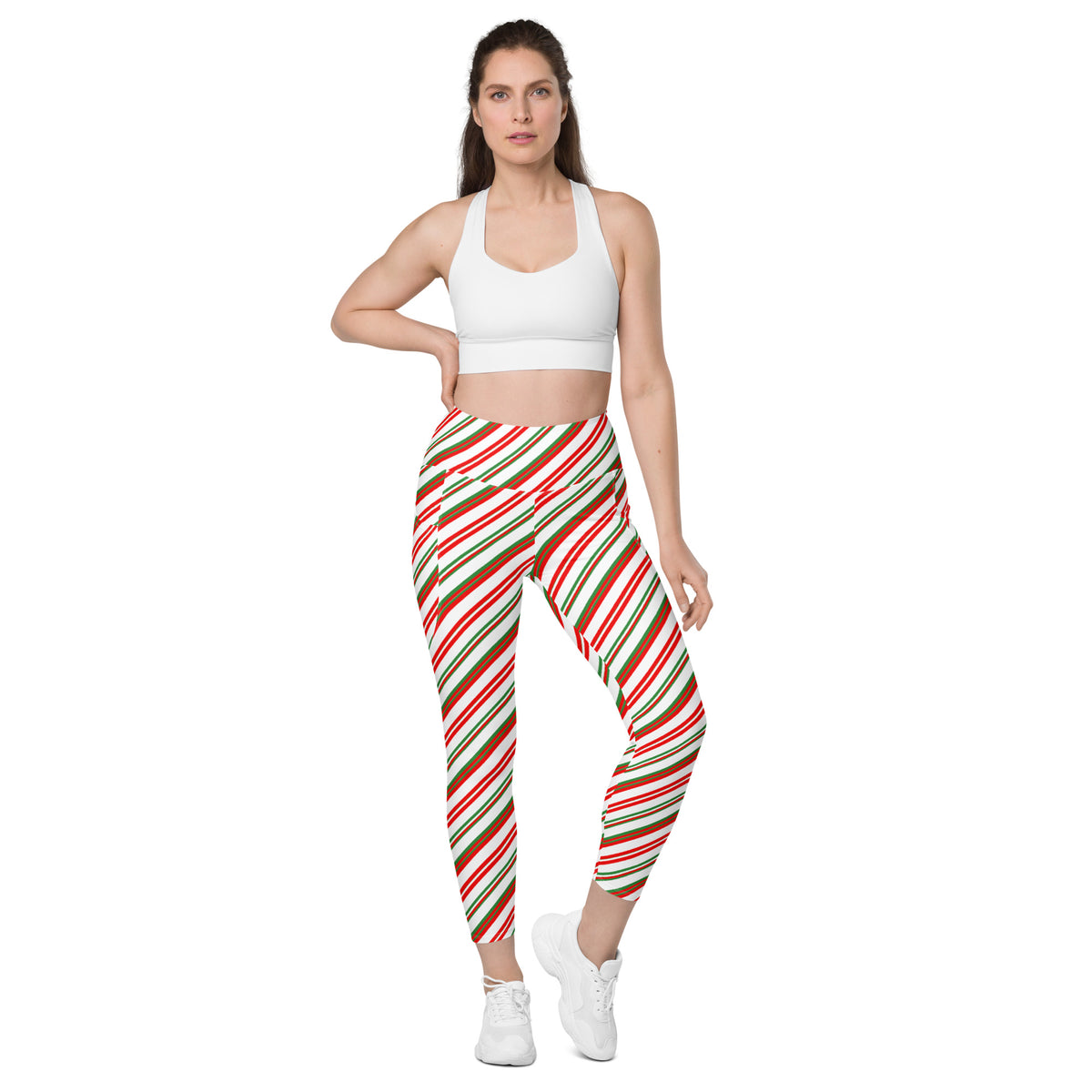 Women’s Christmas Candy Cane Stripe Yoga Leggings With Pockets – High-Waisted, Soft Compression Active Pants