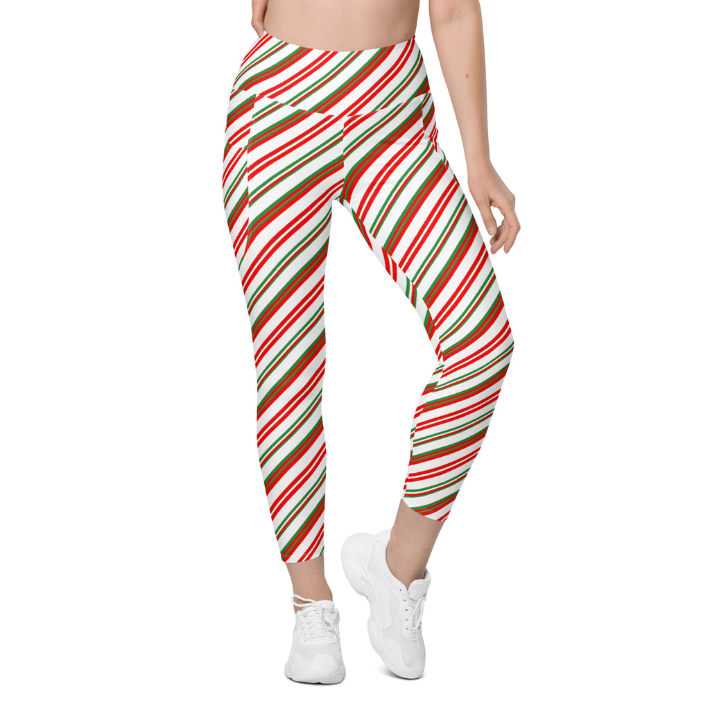 Women’s Christmas Candy Cane Stripe Yoga Leggings With Pockets – High-Waisted, Soft Compression Active Pants
