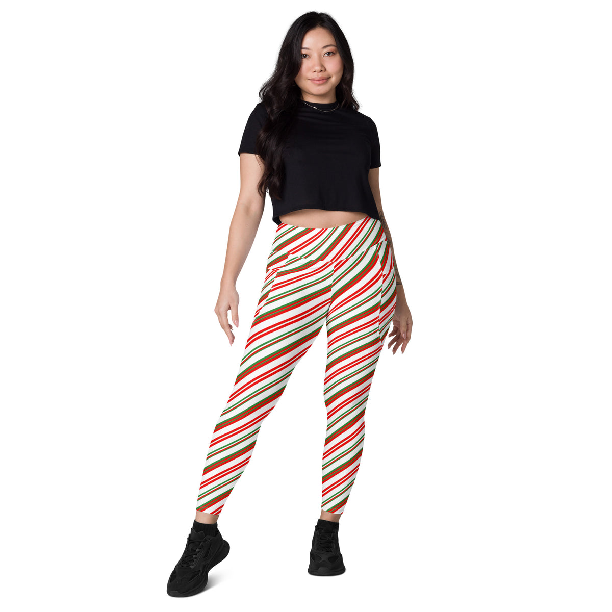 Women’s Christmas Candy Cane Stripe Yoga Leggings With Pockets – High-Waisted, Soft Compression Active Pants
