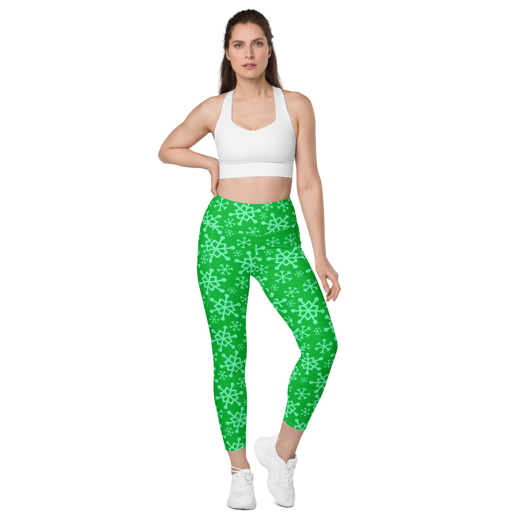 Women’s Green Snowflake Christmas Yoga Leggings With Pockets – High-Waisted, Soft Compression Active Pants