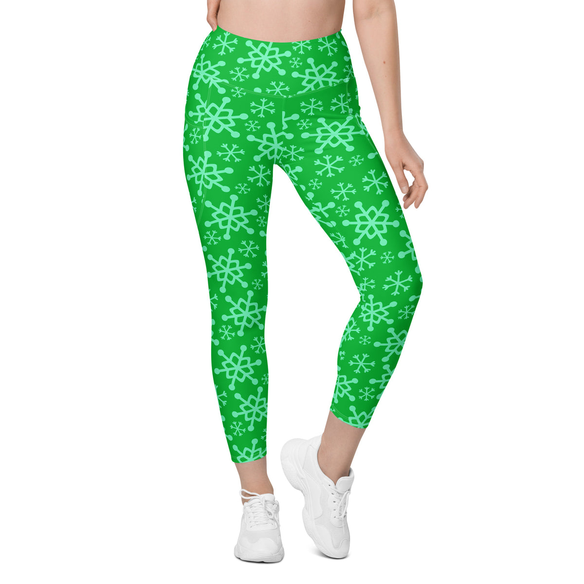 Women’s Green Snowflake Christmas Yoga Leggings With Pockets – High-Waisted, Soft Compression Active Pants