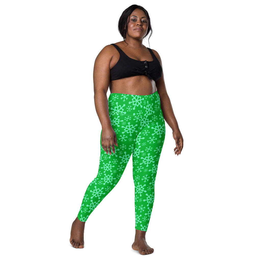 Women’s Green Snowflake Christmas Yoga Leggings With Pockets – High-Waisted, Soft Compression Active Pants