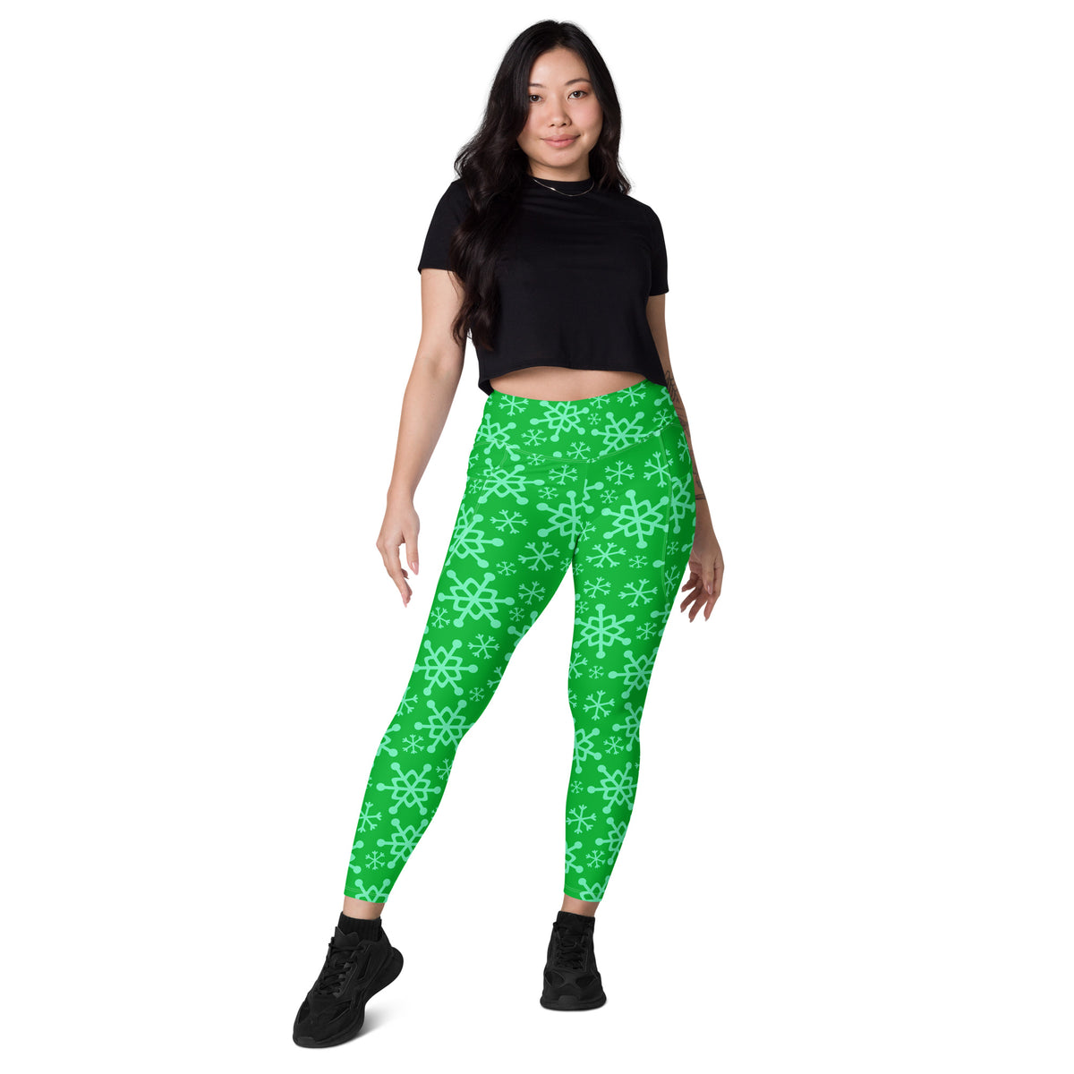 Women’s Green Snowflake Christmas Yoga Leggings With Pockets – High-Waisted, Soft Compression Active Pants