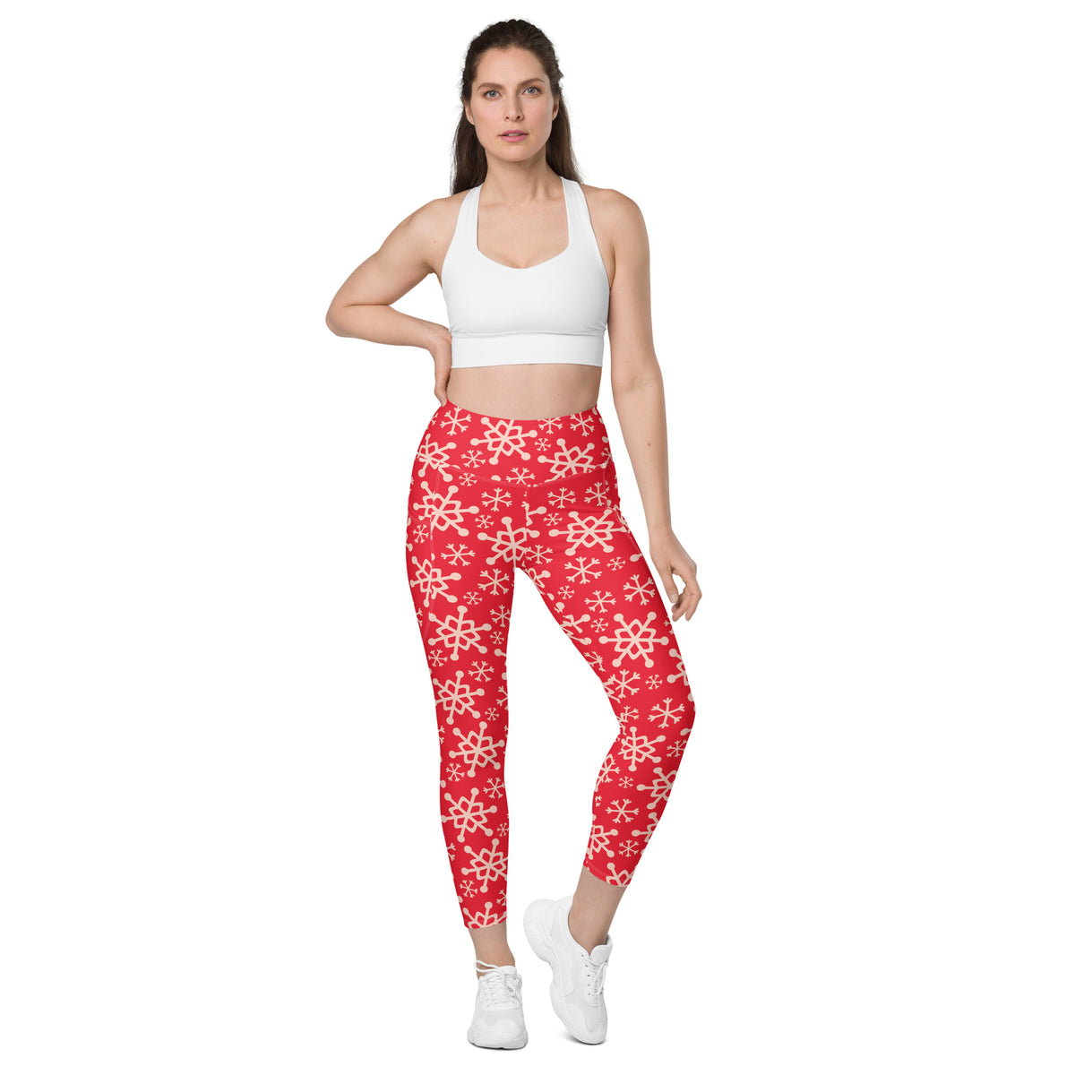 Women’s Red Snowflake Christmas Yoga Leggings With Pockets – High-Waisted, Soft Compression Active Pants