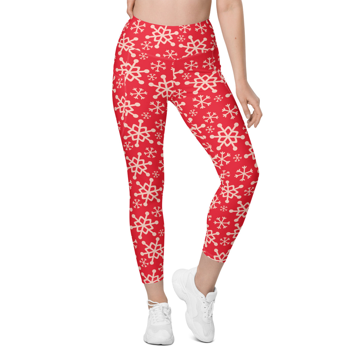 Women’s Red Snowflake Christmas Yoga Leggings With Pockets – High-Waisted, Soft Compression Active Pants
