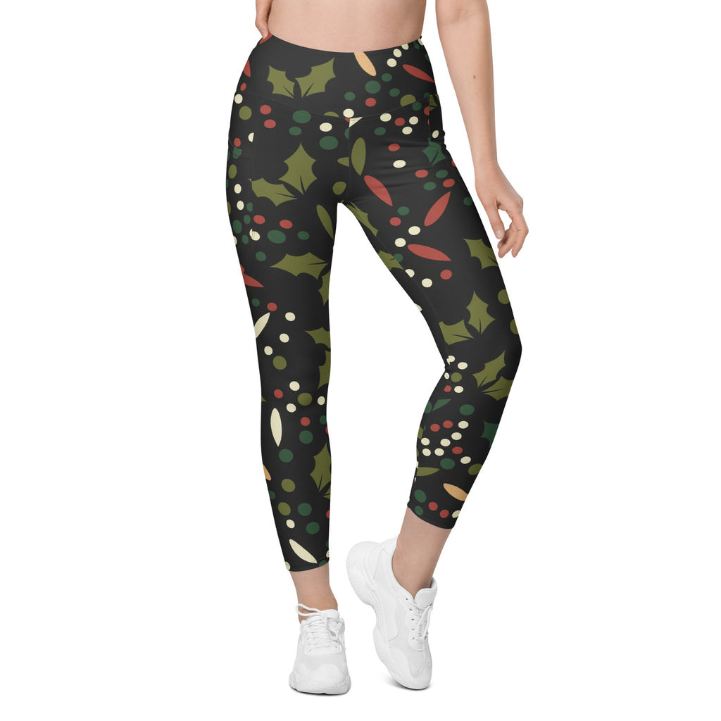 Women’s Christmas Holly Berry Yoga Leggings With Pockets – High-Waisted, Soft Compression Active Pants