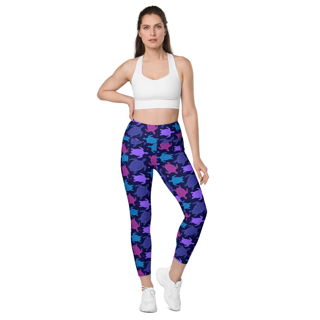 Women’s Purple Sea Turtle Yoga Leggings With Pockets – High-Waisted, Soft Compression Active Pants