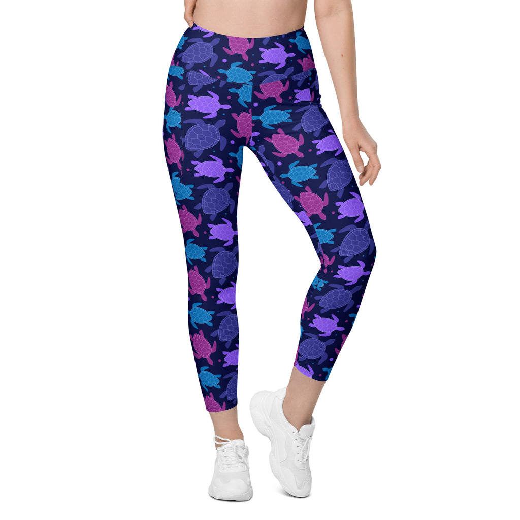 Women’s Purple Sea Turtle Yoga Leggings With Pockets – High-Waisted, Soft Compression Active Pants