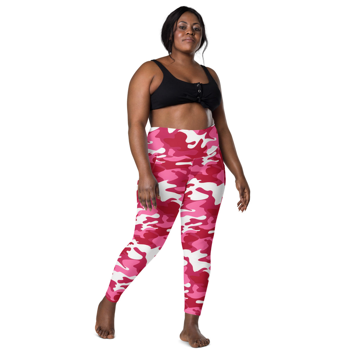 Women’s Bright Pink Camouflage Yoga Leggings With Pockets – High-Waisted, Soft Compression Active Pants