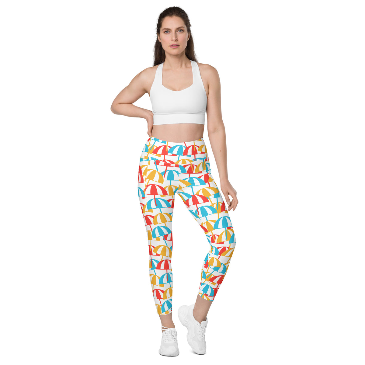 Women’s Colorful Beach Umbrella Leggings With Pockets – High-Waisted, Soft Compression Active Pants