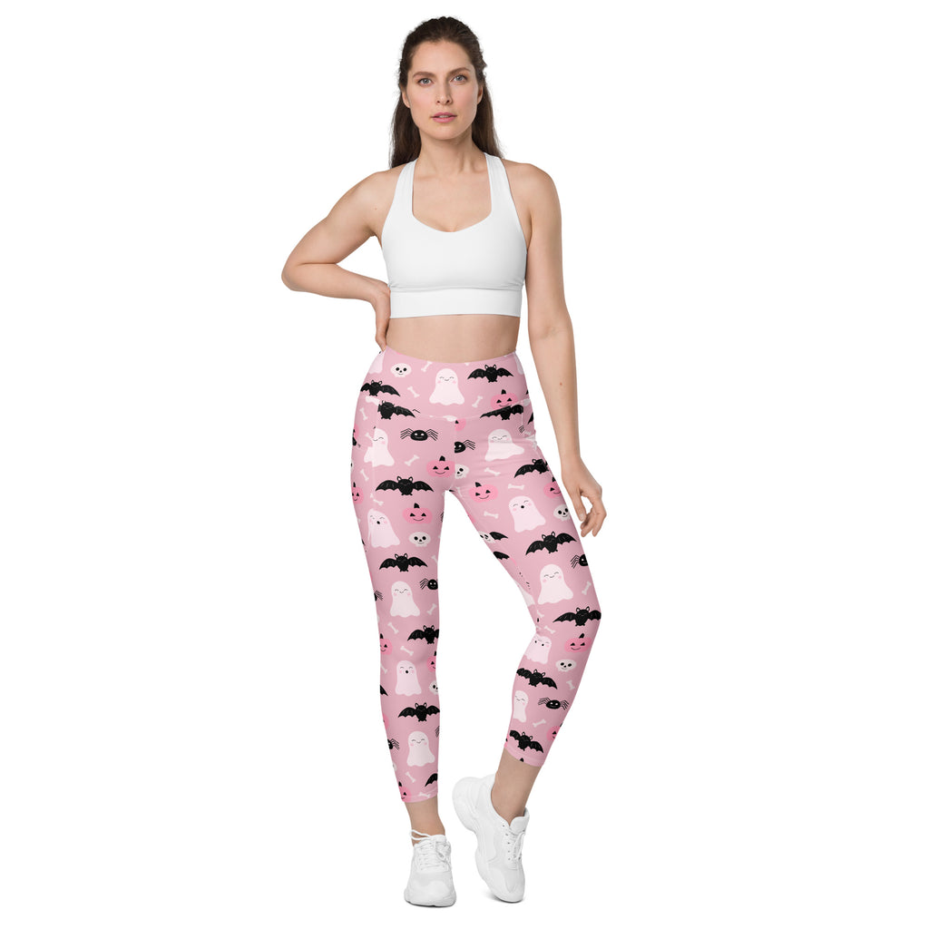 Women’s Pink Halloween Leggings With Pockets – High-Waisted, Soft Compression Active Pants