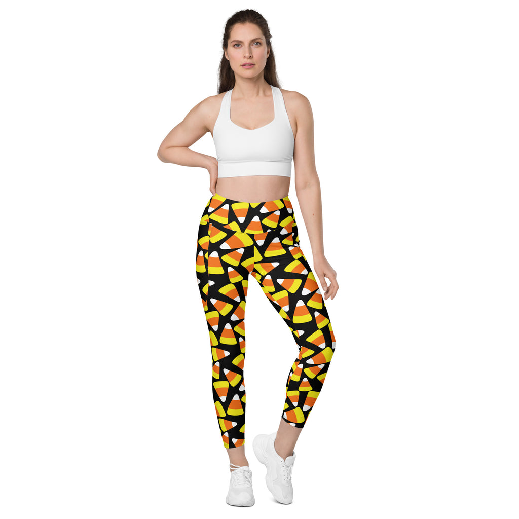 Women’s Candy Corn Halloween Leggings With Pockets – High-Waisted, Soft Compression Active Pants