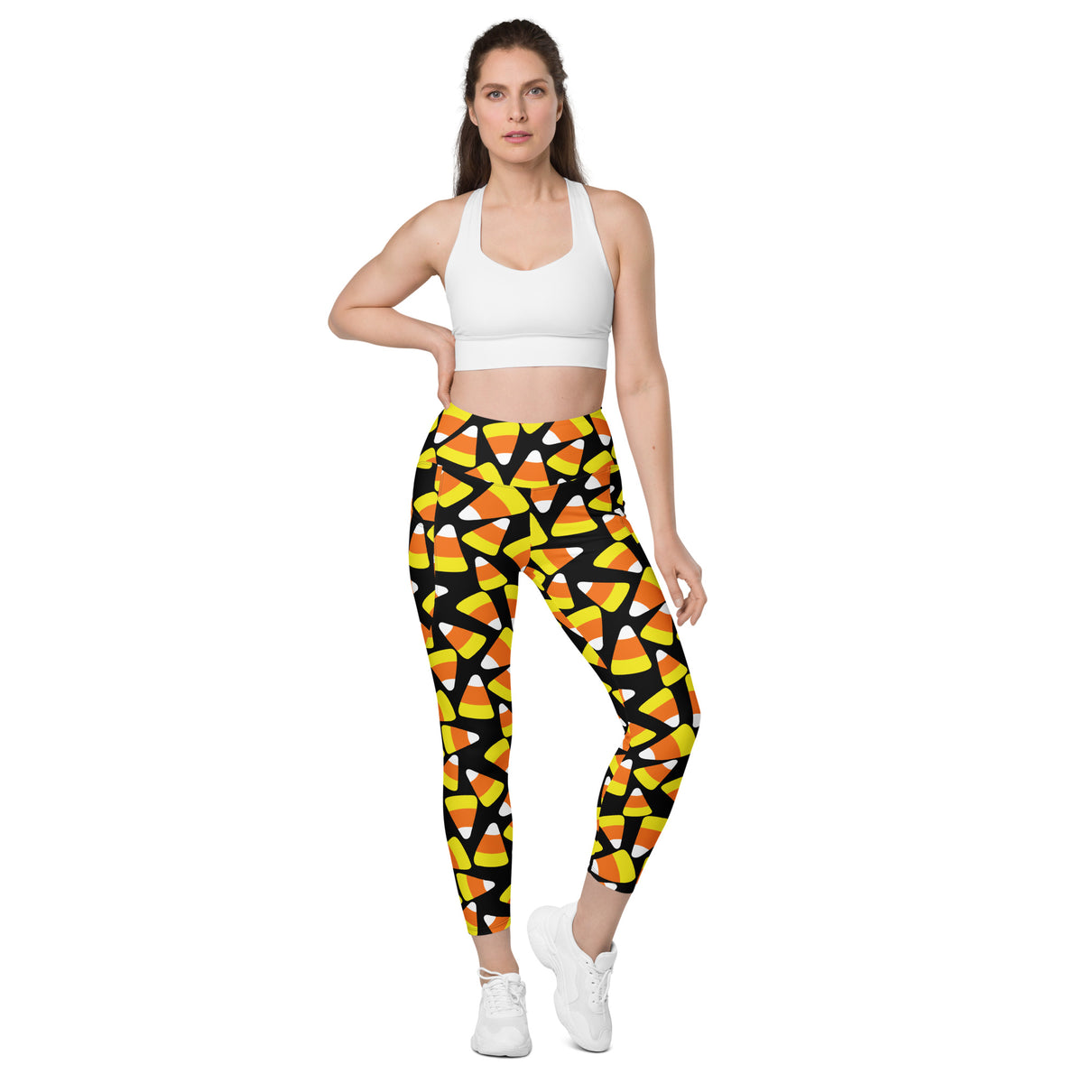 Women’s Candy Corn Halloween Leggings With Pockets – High-Waisted, Soft Compression Active Pants