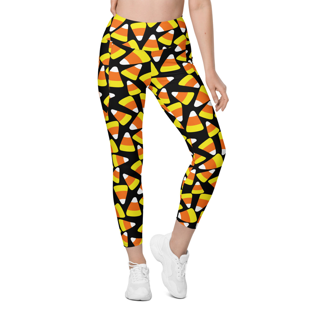 Women’s Candy Corn Halloween Leggings With Pockets – High-Waisted, Soft Compression Active Pants