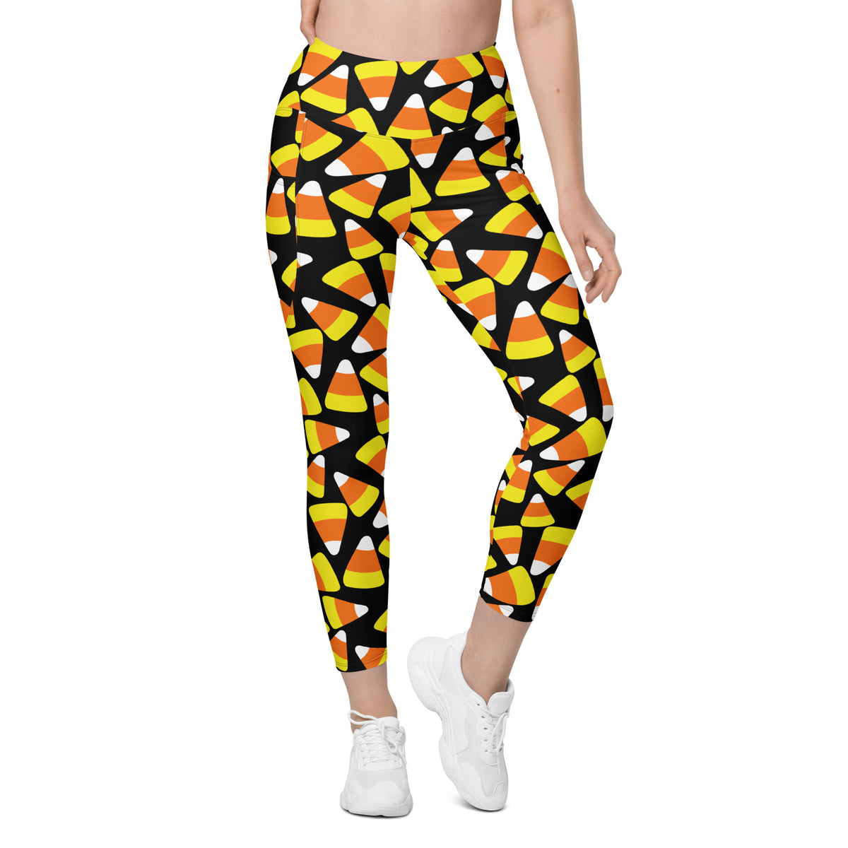 Women’s Candy Corn Halloween Leggings With Pockets – High-Waisted, Soft Compression Active Pants