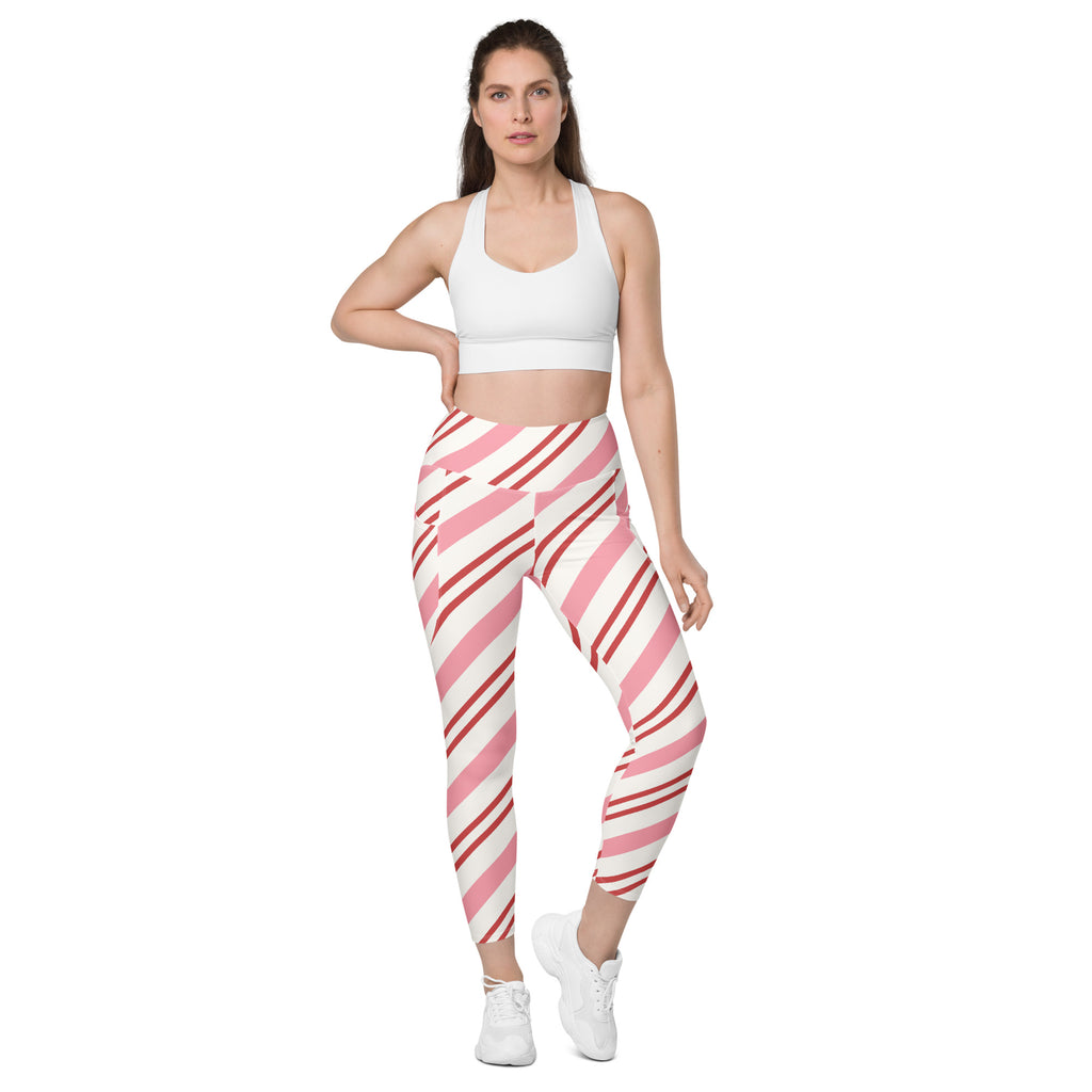 Women’s Pink Candy Cane Stripe Leggings With Pockets – High-Waisted, Soft Compression Active Pants
