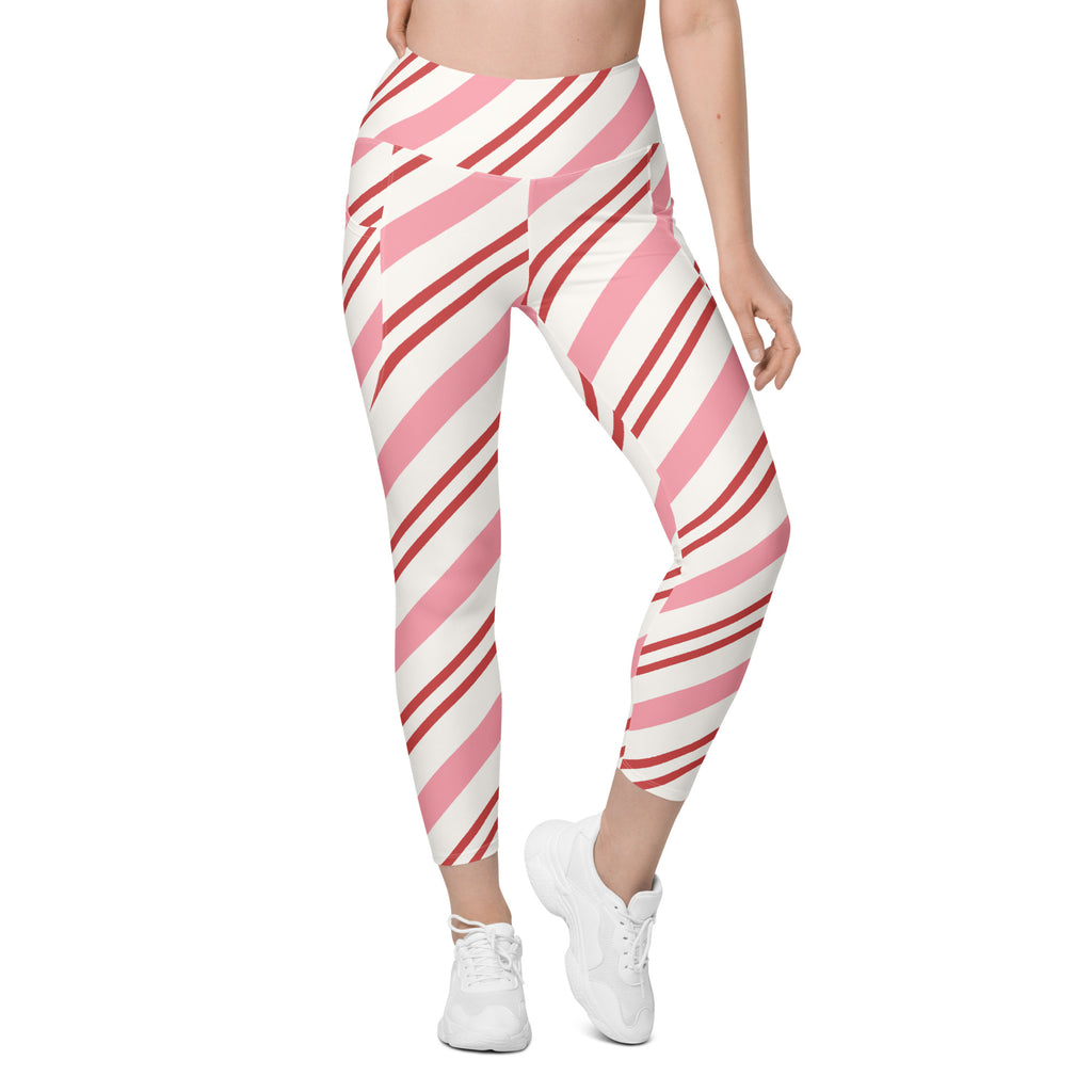Women’s Pink Candy Cane Stripe Leggings With Pockets – High-Waisted, Soft Compression Active Pants