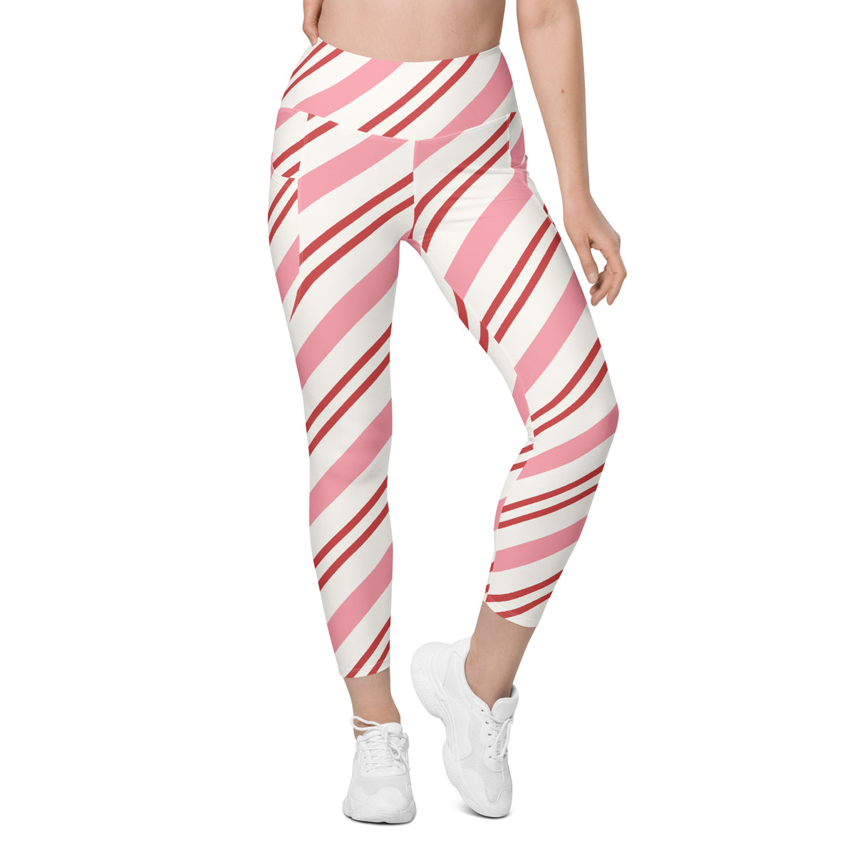 Women’s Pink Candy Cane Stripe Leggings With Pockets – High-Waisted, Soft Compression Active Pants