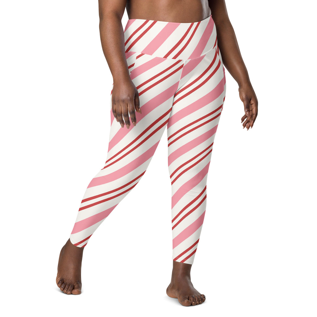 Women’s Pink Candy Cane Stripe Leggings With Pockets – High-Waisted, Soft Compression Active Pants