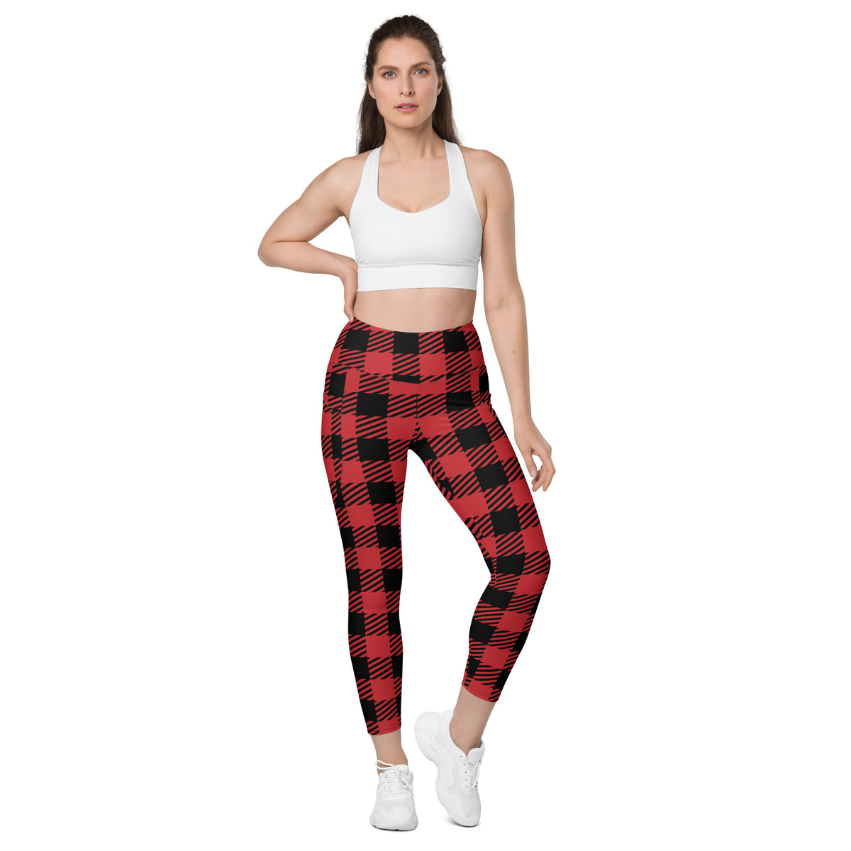 Women’s Red & Black Buffalo Plaid Leggings With Pockets – High-Waisted, Soft Compression Active Pants
