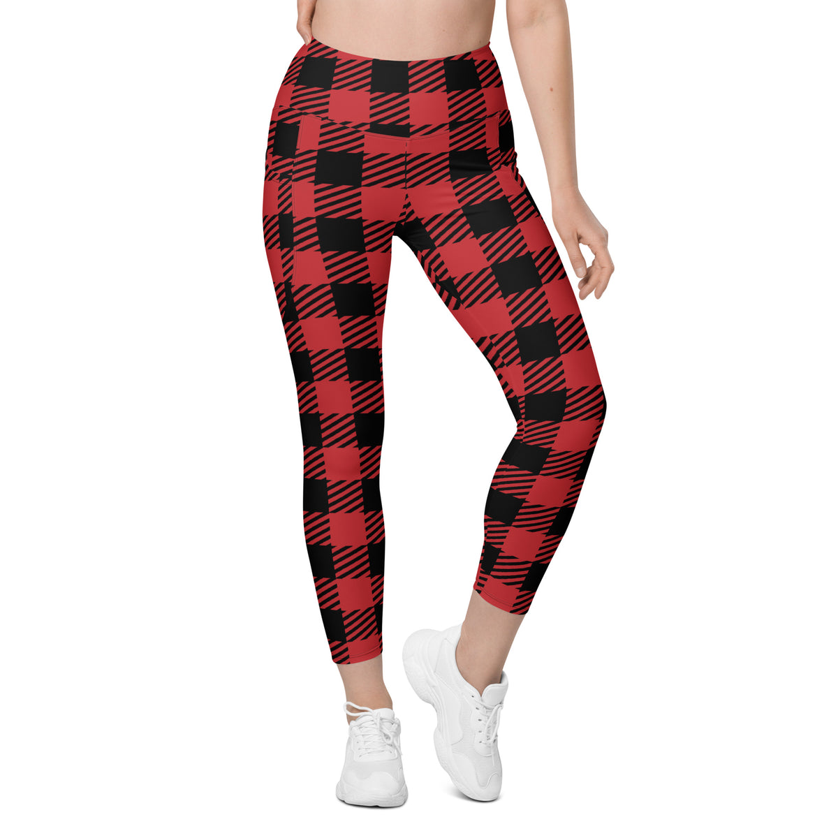 Women’s Red & Black Buffalo Plaid Leggings With Pockets – High-Waisted, Soft Compression Active Pants
