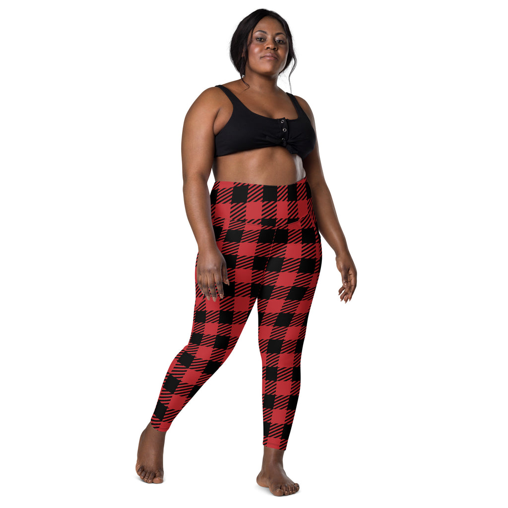 Women’s Red & Black Buffalo Plaid Leggings With Pockets – High-Waisted, Soft Compression Active Pants