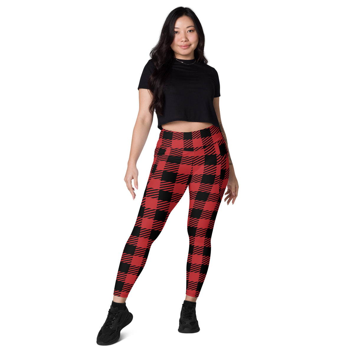 Women’s Red & Black Buffalo Plaid Leggings With Pockets – High-Waisted, Soft Compression Active Pants