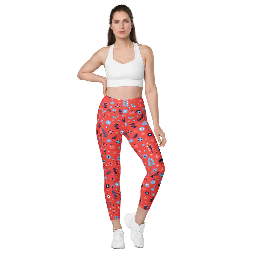 Women’s Coral Floral Leggings With Pockets – High-Waisted, Soft Compression Active Pants