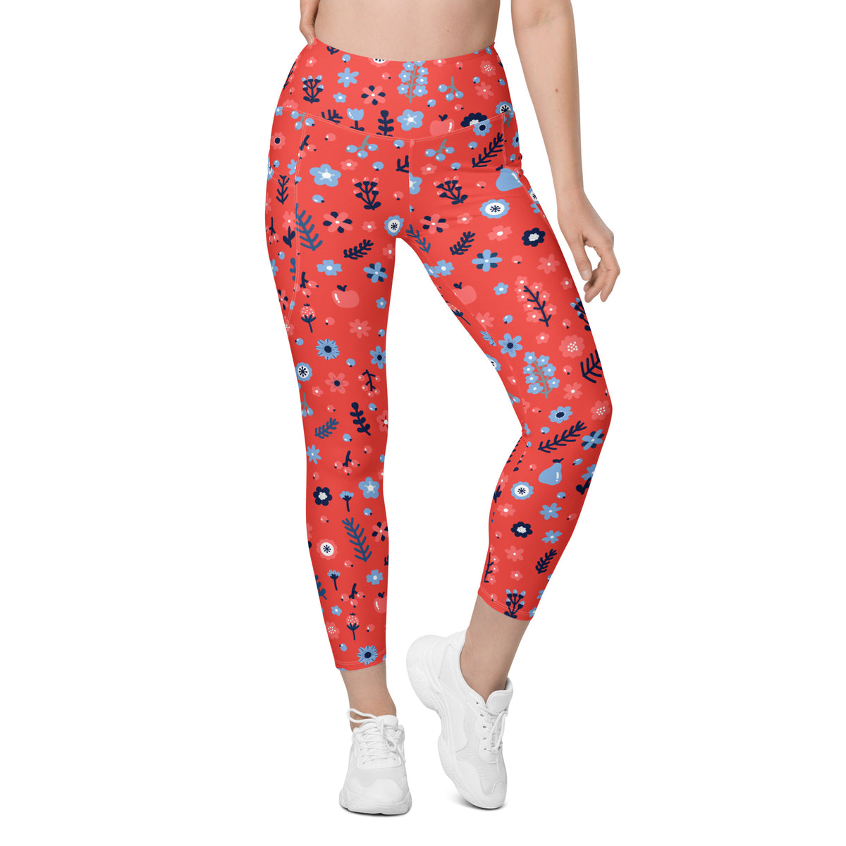 Women’s Coral Floral Leggings With Pockets – High-Waisted, Soft Compression Active Pants