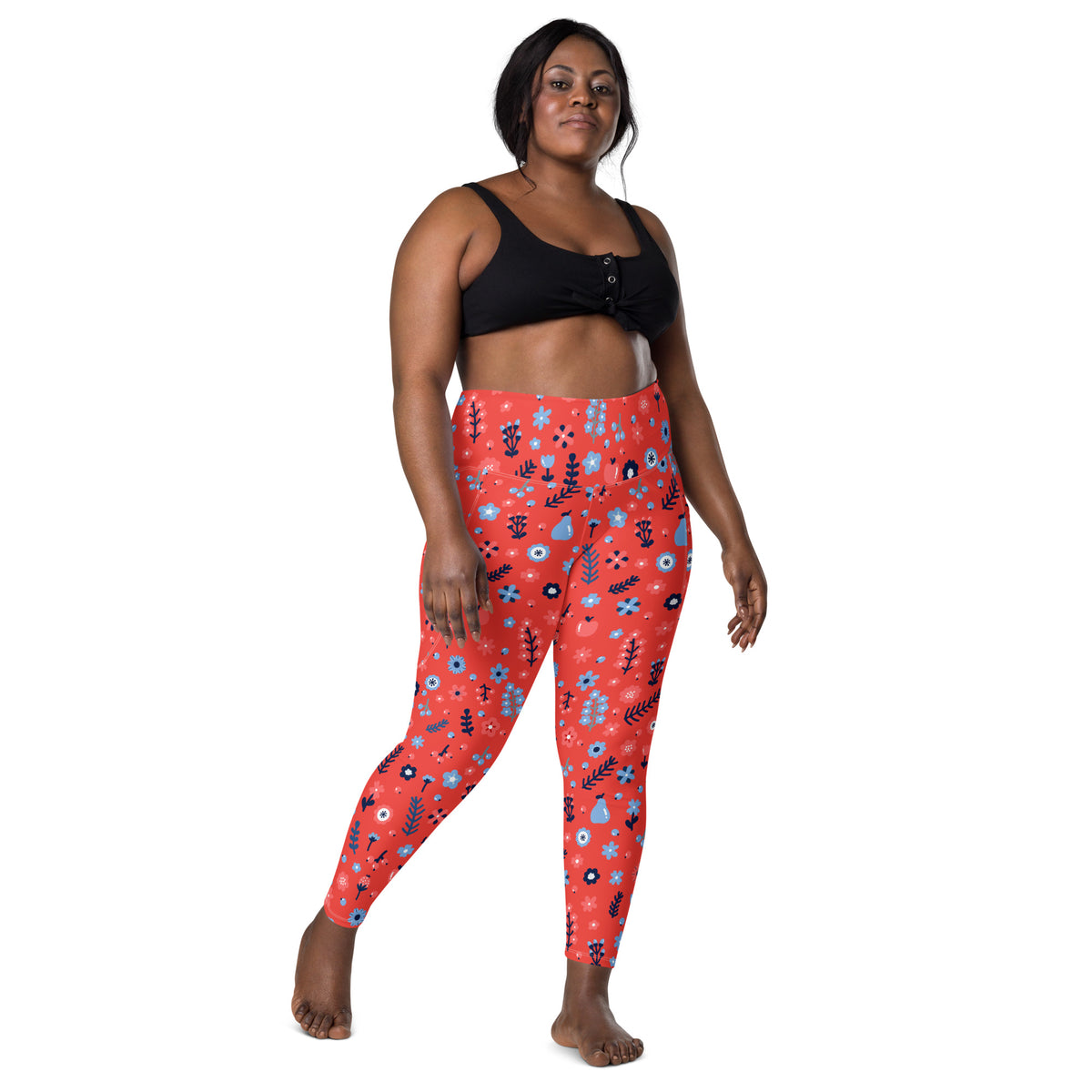 Women’s Coral Floral Leggings With Pockets – High-Waisted, Soft Compression Active Pants