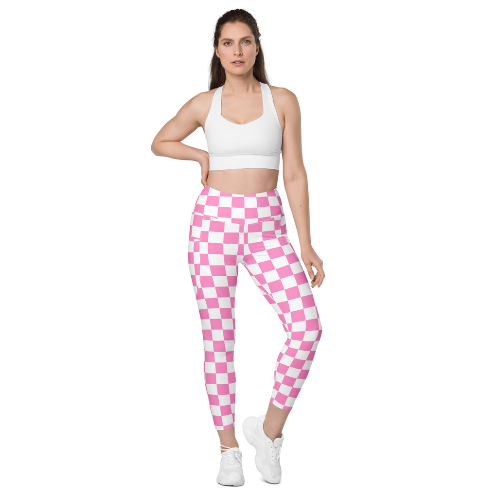 Women’s Pink Checkered Leggings With Pockets – High-Waisted, Soft Compression Active Pants