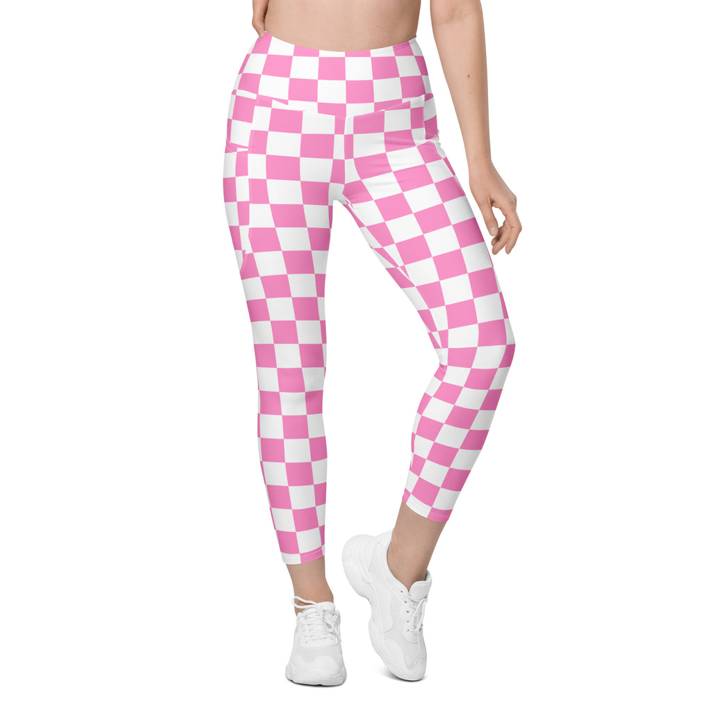 Women’s Pink Checkered Leggings With Pockets – High-Waisted, Soft Compression Active Pants