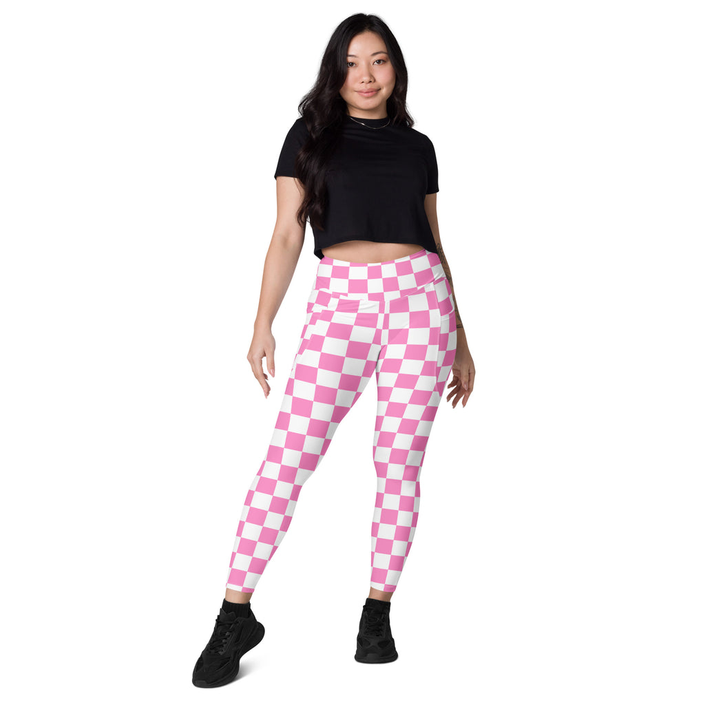 Women’s Pink Checkered Leggings With Pockets – High-Waisted, Soft Compression Active Pants