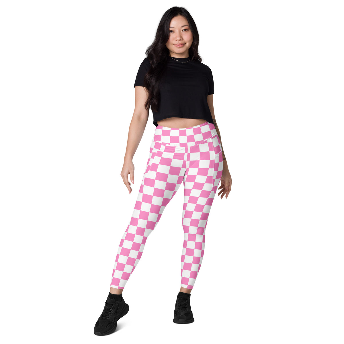 Women’s Pink Checkered Leggings With Pockets – High-Waisted, Soft Compression Active Pants