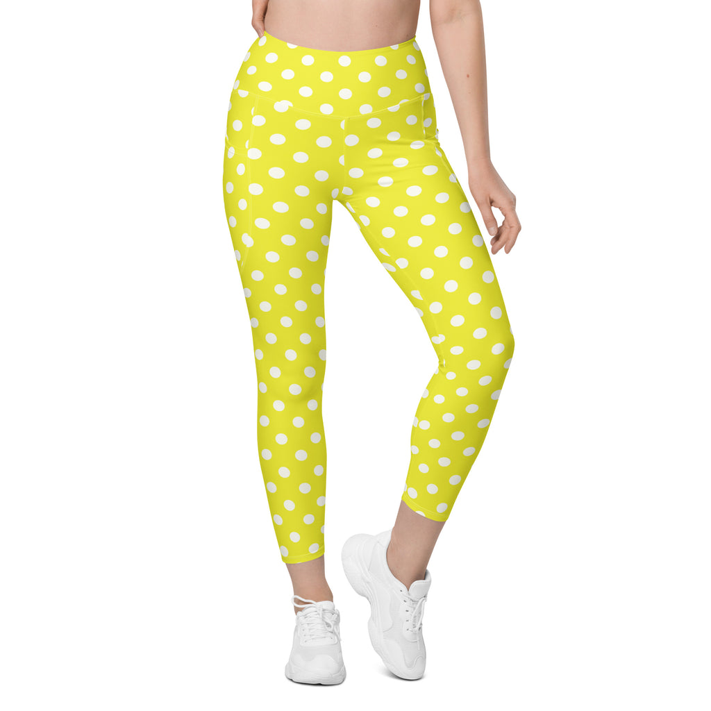 Women’s Yellow Polka Dot Leggings With Pockets – High-Waisted, Soft Compression Active Pants