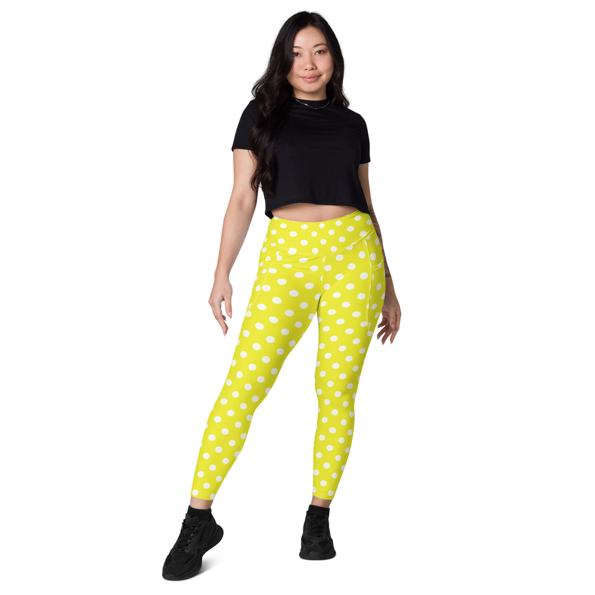 Women’s Yellow Polka Dot Leggings With Pockets – High-Waisted, Soft Compression Active Pants