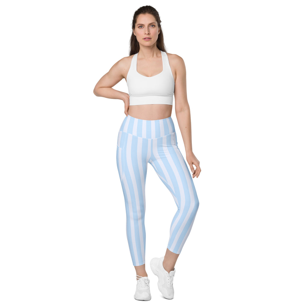 Women’s Light Blue Striped Leggings With Pockets – High-Waisted, Soft Compression Active Pants
