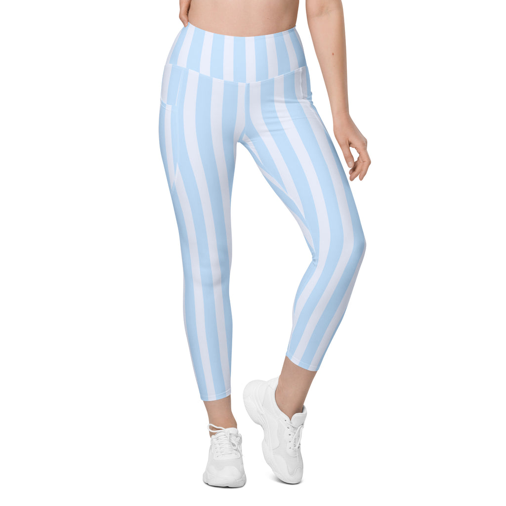 Women’s Light Blue Striped Leggings With Pockets – High-Waisted, Soft Compression Active Pants