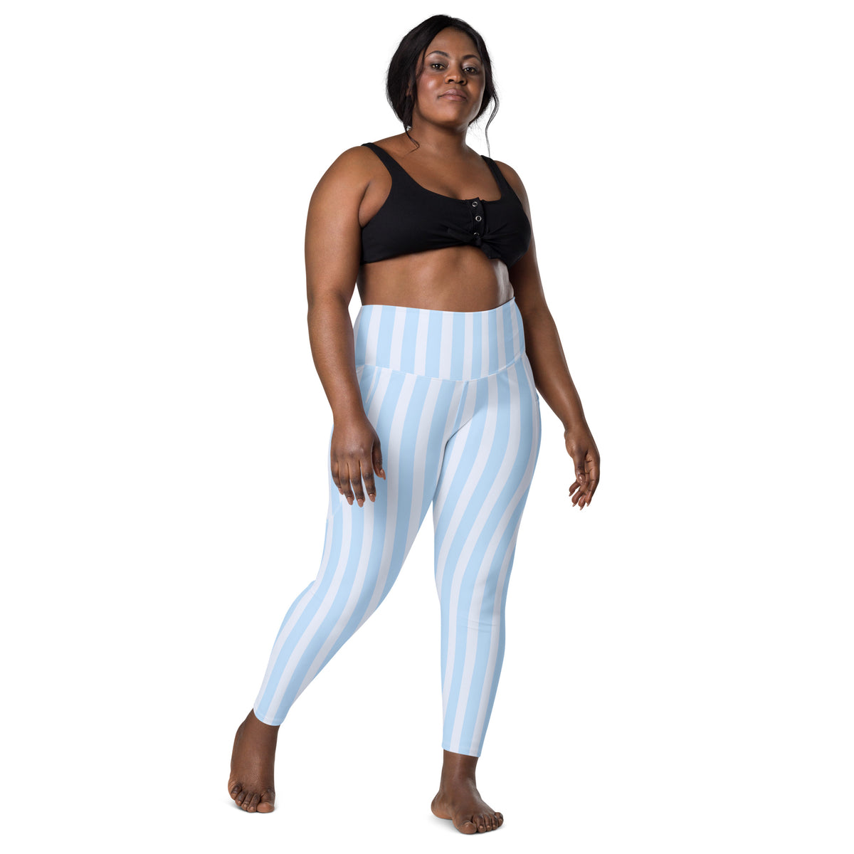 Women’s Light Blue Striped Leggings With Pockets – High-Waisted, Soft Compression Active Pants