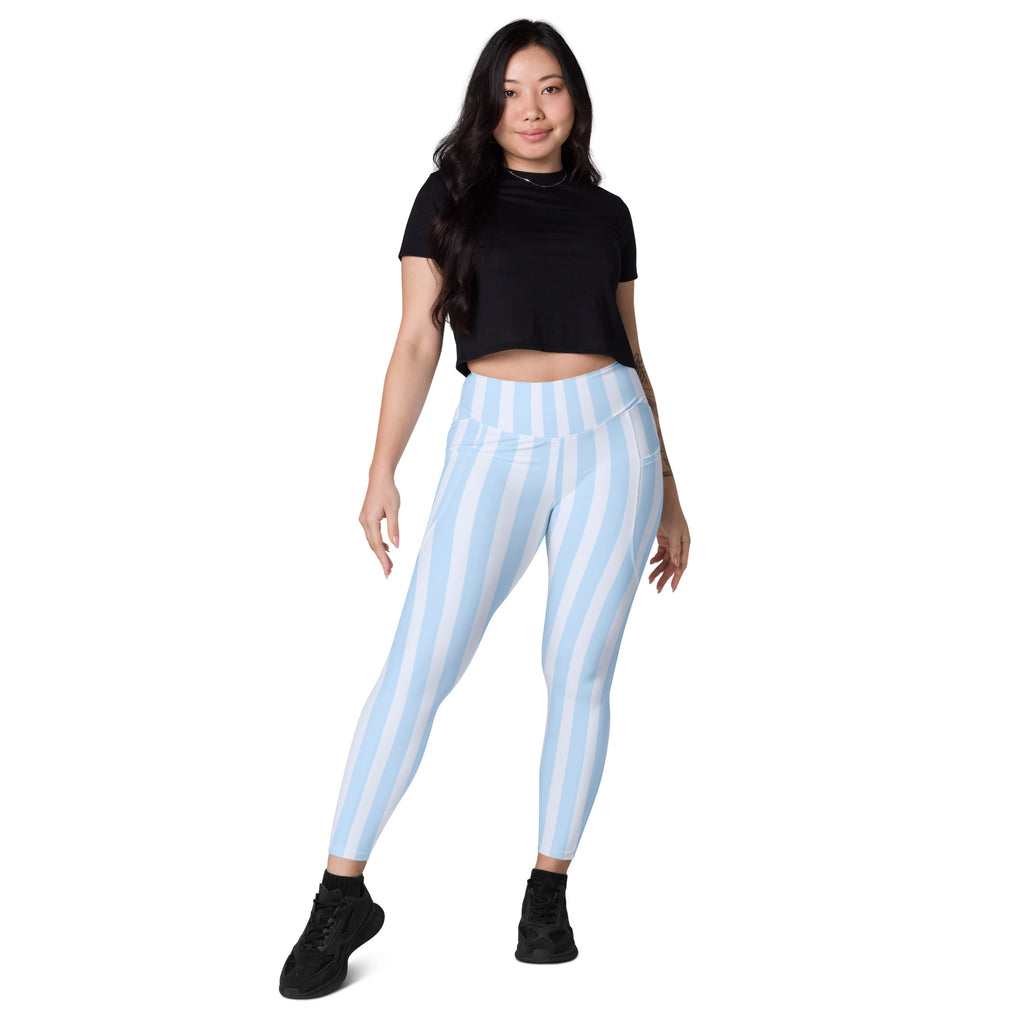 Women’s Light Blue Striped Leggings With Pockets – High-Waisted, Soft Compression Active Pants