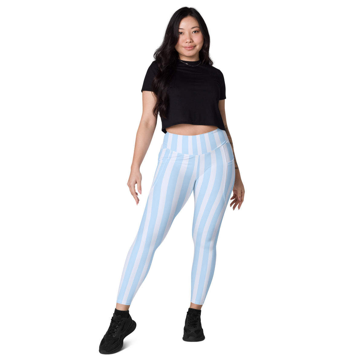 Women’s Light Blue Striped Leggings With Pockets – High-Waisted, Soft Compression Active Pants