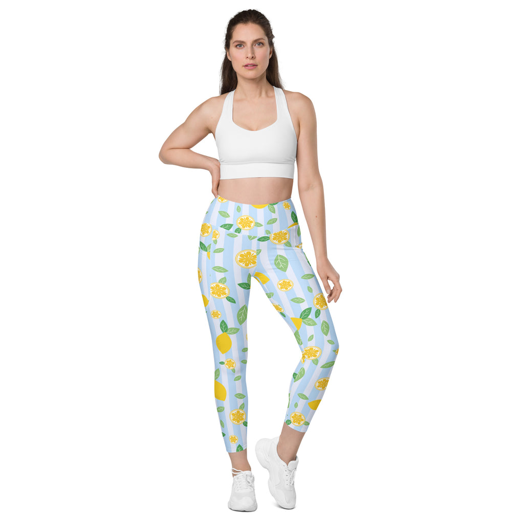 Women’s Lemon Stripe Leggings With Pockets – High-Waisted, Soft Compression Active Pants
