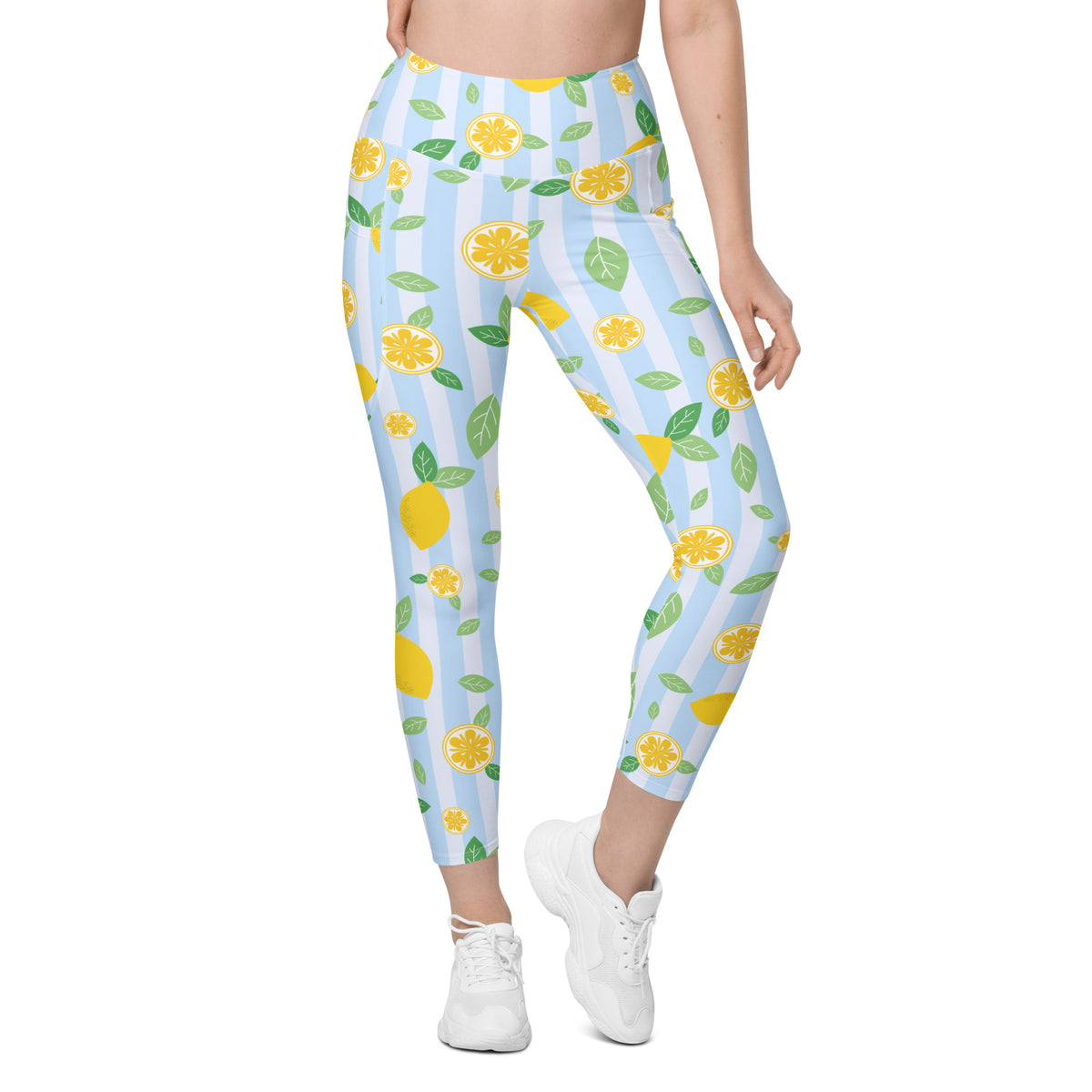 Women’s Lemon Stripe Leggings With Pockets – High-Waisted, Soft Compression Active Pants
