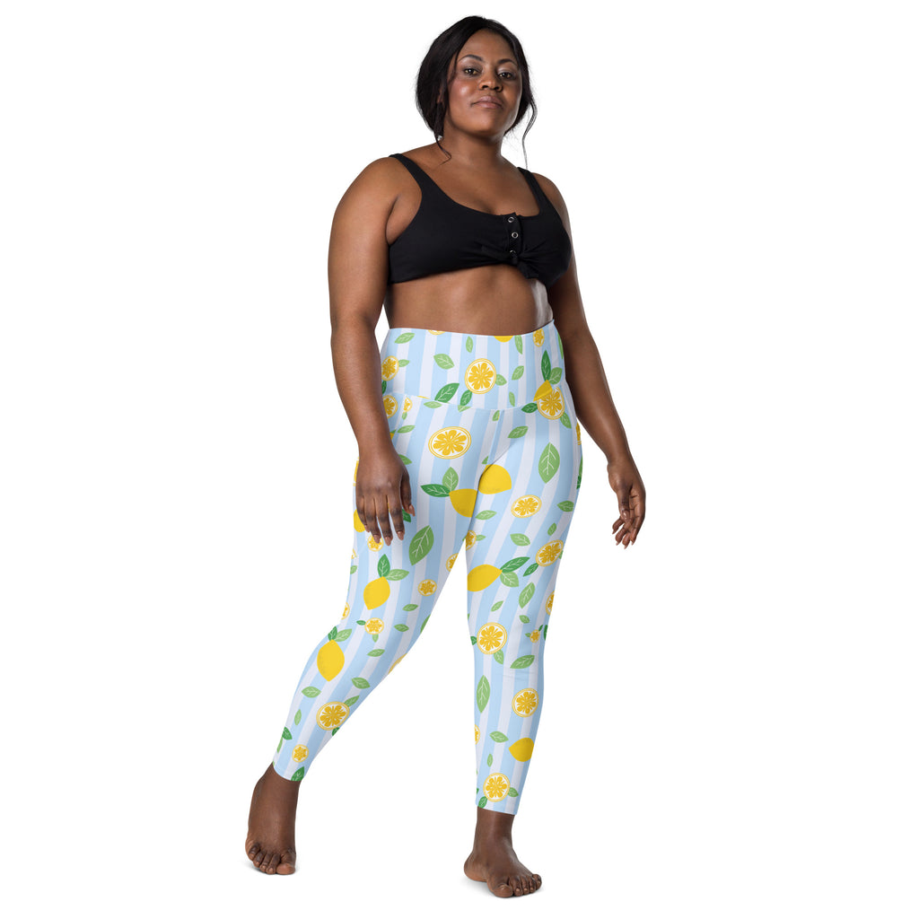 Women’s Lemon Stripe Leggings With Pockets – High-Waisted, Soft Compression Active Pants