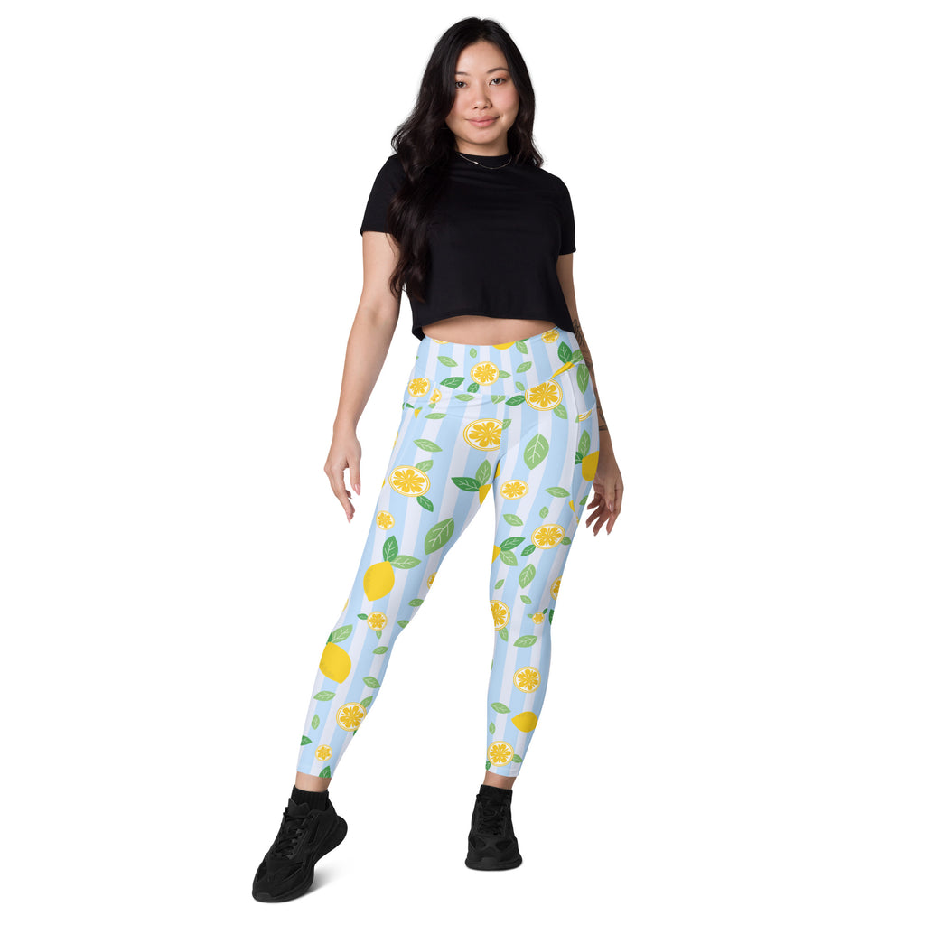 Women’s Lemon Stripe Leggings With Pockets – High-Waisted, Soft Compression Active Pants