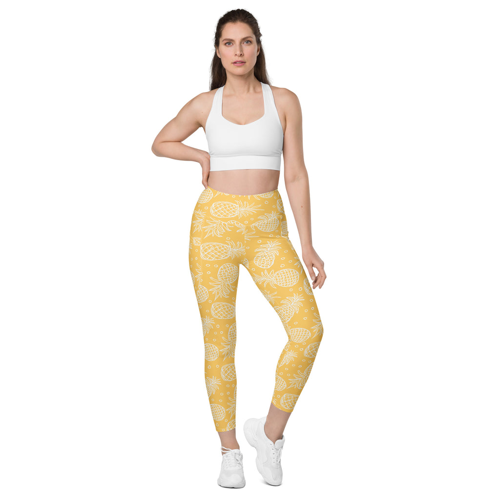 Women’s Light Yellow Tropical Pineapple Leggings With Pockets – High-Waisted, Soft Compression Active Pants