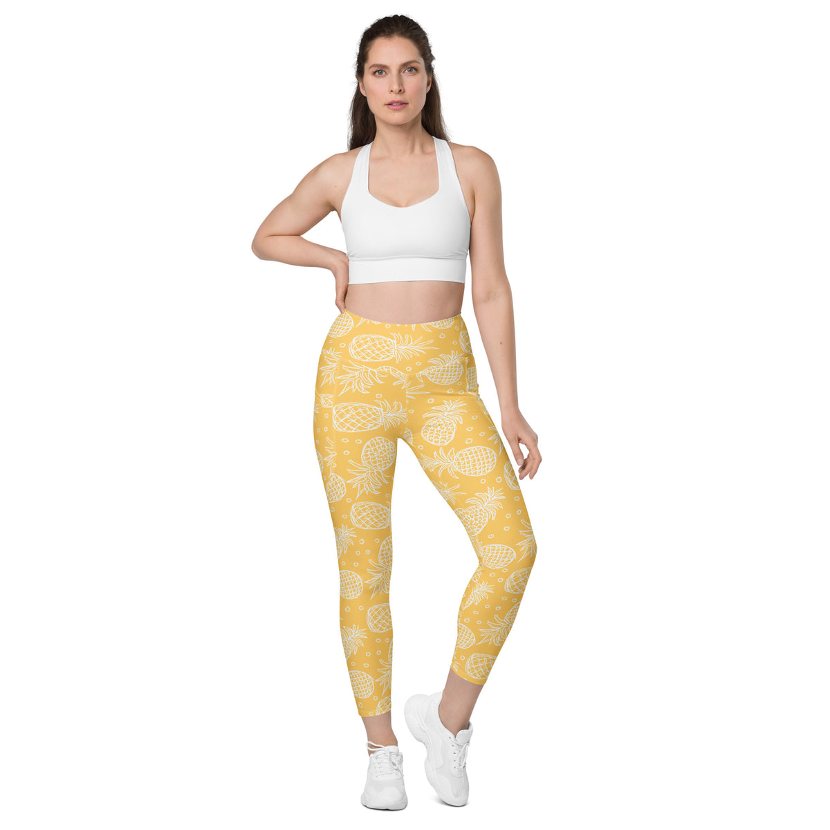 Women’s Light Yellow Tropical Pineapple Leggings With Pockets – High-Waisted, Soft Compression Active Pants